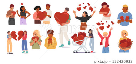 Teenagers characters with hearts set showcasing young love, deep friendship and emotional expression Teenagers characters with hearts set showcasing young love, deep friendship and emotional expression 132420932
