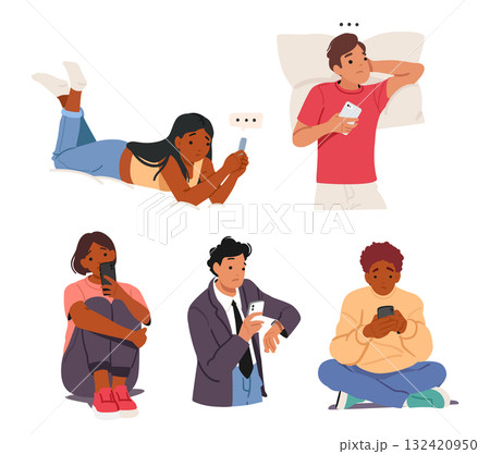 Adults, teenagers, businessman people characters waiting for phone call feeling sad and nervous Adults, teenagers, businessman people characters waiting for phone call feeling sad and nervous 132420950