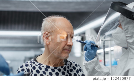 Researchers in biocontainment lab conduct experiments on viral pathogens, treating a patient under isolation to develop immunization and pharmaceutical cures for epidemic infections. Camera B. 132420977