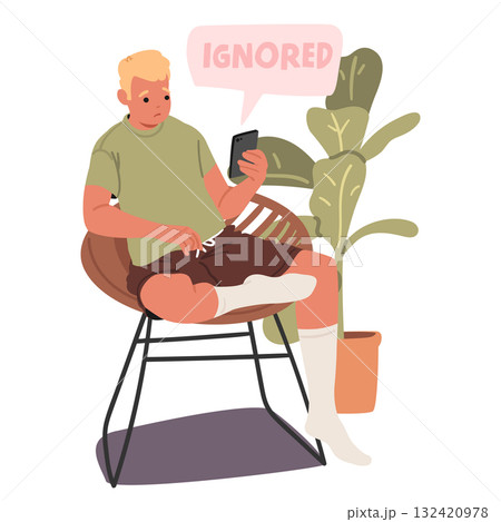 Young man cartoon character feeing being ignored waiting for phone call from friend or beloved girl 132420978