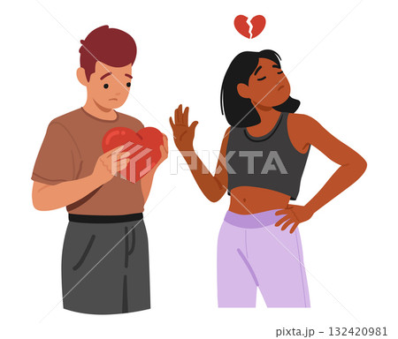 Sad boy with love heart getting rejection from beloved girl heartbreaking moment on Valentine day Sad boy with love heart getting rejection from beloved girl heartbreaking moment on Valentine day 132420981