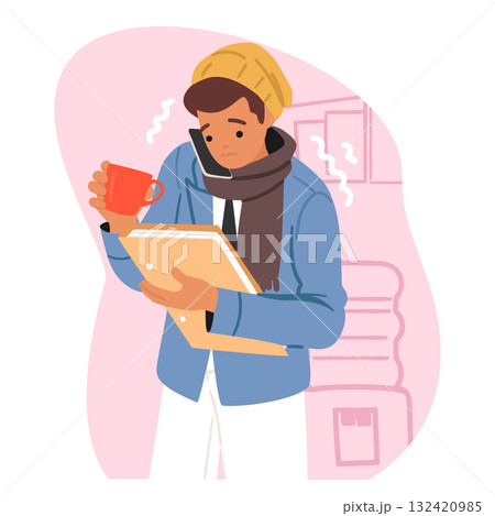 Young guy trying to warm up in absence of heating at home and doing work or studying cartoon scene Young guy trying to warm up in absence of heating at home and doing work or studying cartoon scene 132420985