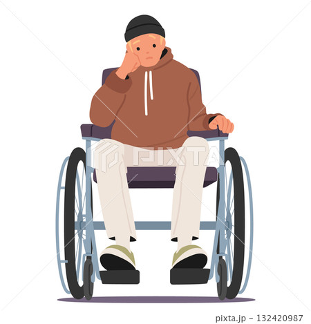 Sad unhappy man cartoon character sitting in wheelchair thinking about live complex challenges 132420987