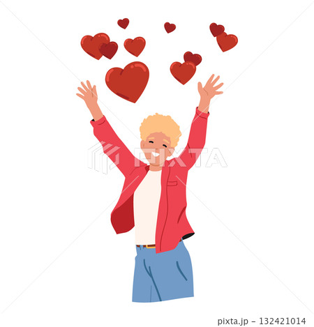 Happy teenage boy cartoon character celebrating Valentine day holiday standing under hearts rain Happy teenage boy cartoon character celebrating Valentine day holiday standing under hearts rain 132421014