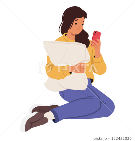 Young sad unhappy woman cartoon character hugging pillow looking at phone screen waiting for call 132421020