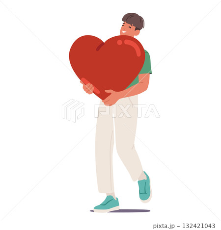 Teenage guy cartoon character carrying giant heart in hands walking isolated on white background 132421043