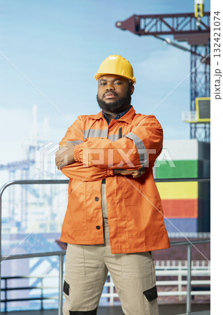 Portrait of offshore platform expert tasked with monitoring environmental impact, ensuring sustainable drilling practices. Man on drilling barge taking marine ecosystem protection measures Portrait of offshore platform expert tasked with monitoring environmental impact, ensuring sustainable drilling practices. Man on drilling barge taking marine ecosystem protection measures 132421074