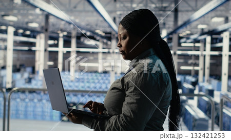 IT expert monitors server farm activity using laptop while walking in facility. African american woman in data center reviews rigs tests results to ensure systems are working correctly, camera B IT expert monitors server farm activity using laptop while walking in facility. African american woman in data center reviews rigs tests results to ensure systems are working correctly, camera B 132421253