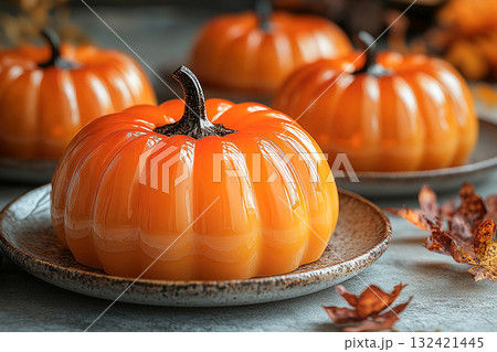 Luxury dessert. Pumpkin dessert in orange tones on a plate with soft lighting. Preparing for Halloween. Autumn atmosphere. Luxury dessert. Pumpkin dessert in orange tones on a plate with soft lighting. Preparing for Halloween. Autumn atmosphere. 132421445