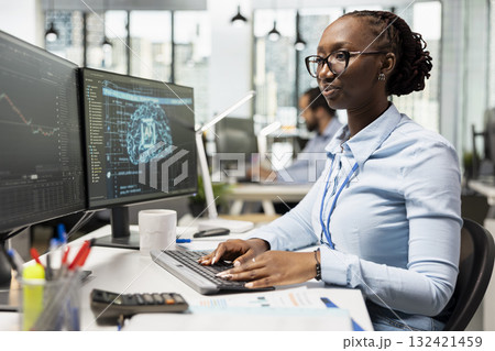 Trader in prop firm office using AI machine learning to analyze market data and execute trades using trading app on PC. Woman monitoring stock exchange using artificial intelligence tech 132421459