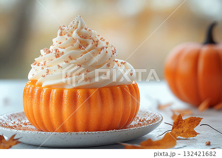 Soft orange and white color. Pumpkin dessert in orange tones on a plate with soft lighting. Preparing for Halloween. Autumn atmosphere. Soft orange and white color. Pumpkin dessert in orange tones on a plate with soft lighting. Preparing for Halloween. Autumn atmosphere. 132421682