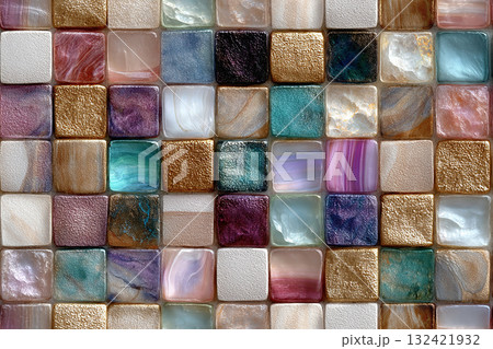 Luxury design. Background of colorful ceramic mosaic. Design mockup and background. Interior design sample. 132421932
