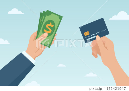 Cash vs Credit Card Payment, Vector Illustration. Hand Holding Dollar Bills and Hand with Bank Card. Flat Cartoon Business Finance Concept for Money Exchange, Online Payment, Shopping, Banking Design 132421947