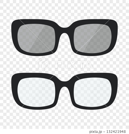 Black Glasses and Sunglasses. Stylish Eyewear, Transparent Lens and Dark Shades. Modern Fashion Accessory for Optics, Vision Correction, Summer Design Concept Black Glasses and Sunglasses. Stylish Eyewear, Transparent Lens and Dark Shades. Modern Fashion Accessory for Optics, Vision Correction, Summer Design Concept 132421948