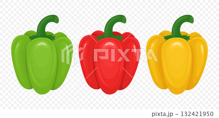 Flat Cartoon Vector Bell Peppers Set. Red, Yellow, Green Sweet Peppers Illustration. Fresh Vegetables for Food Market, Healthy Cooking, Vegetarian Recipe Design, Farm Organic Product Icon Flat Cartoon Vector Bell Peppers Set. Red, Yellow, Green Sweet Peppers Illustration. Fresh Vegetables for Food Market, Healthy Cooking, Vegetarian Recipe Design, Farm Organic Product Icon 132421950