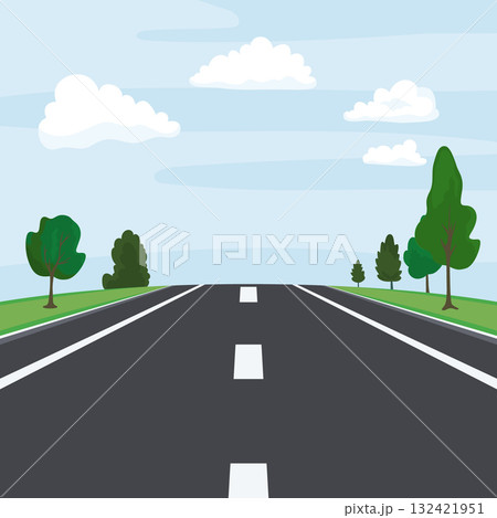 Highway Road Perspective, Vector Illustration. Empty Asphalt with Lane Markings, Countryside Trees and Sky. Road Background, Road Illustration 132421951