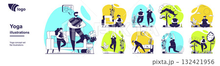 Yoga training concept set for web design. Collection with people doing yoga asanas, meditating in lotus posture, practicing with children at home, wellness and healthy lifestyle. Vector illustration. 132421956