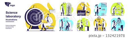 Science laboratory concept set for web design. Collection with people making scientific research and tests, work with microscope and equipment, scientists doing discovery in lab. Vector illustration. 132421978