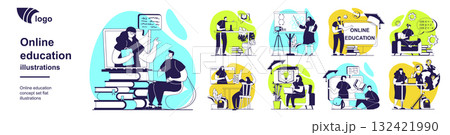 Online education concept set for web design. Collection with people learning at video lessons, watching virtual seminars, trainings at webinars, gain cognitions at e-learning. Vector illustration. Online education concept set for web design. Collection with people learning at video lessons, watching virtual seminars, trainings at webinars, gain cognitions at e-learning. Vector illustration. 132421990