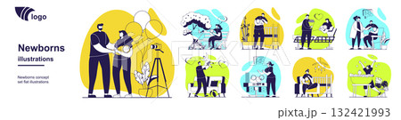 Families with newborns baby concept set for web design. Collection with people taking care children, young mothers and fathers with kids walking park, playing at home, nursing. Vector illustration. Families with newborns baby concept set for web design. Collection with people taking care children, young mothers and fathers with kids walking park, playing at home, nursing. Vector illustration. 132421993
