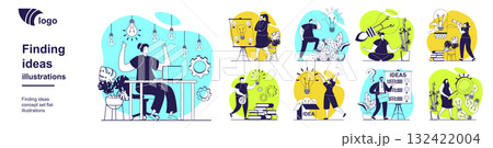 Finding ideas concept set for web design. Collection with people brainstorming, making creative research, developing project plan and strategy, achieving goals and discovery. Vector illustration. Finding ideas concept set for web design. Collection with people brainstorming, making creative research, developing project plan and strategy, achieving goals and discovery. Vector illustration. 132422004