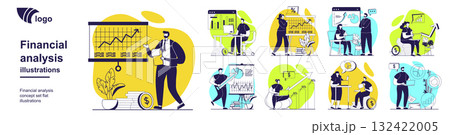 Financial analysis concept set for web design. Collection with people working with data, making financial report with statistics, planning strategy with growth profit progress. Vector illustration. Financial analysis concept set for web design. Collection with people working with data, making financial report with statistics, planning strategy with growth profit progress. Vector illustration. 132422005