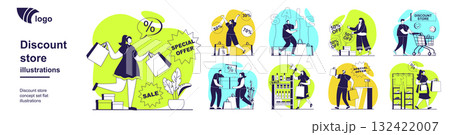 Discount store concept set for web design. Collection with people with bags making bargain purchases, clients buying with special prices at sales in stores and supermarkets. Vector illustration. Discount store concept set for web design. Collection with people with bags making bargain purchases, clients buying with special prices at sales in stores and supermarkets. Vector illustration. 132422007