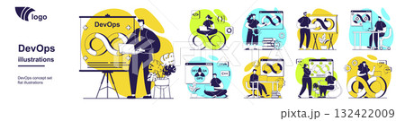 DevOps concept set for web design. Collection with people working with coding and management, using job integration practice, teamwork workflow with agile cycles in project. Vector illustration. 132422009