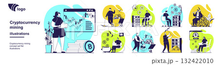 Cryptocurrency mining concept set for web design. Collection with people sell and buy bitcoins and digital coins, analyzing financial data at bar charts, increase income profit. Vector illustration. 132422010