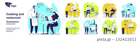 Cooking and restaurant concept set for web design. Collection with people working in kitchen, chefs cook dishes, waiters serving food to customers, visitors sitting table in cafe. Vector illustration. 132422011