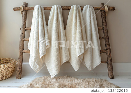 Line of freshly washed white towels hanging on a rack on a Boho style. 132422016