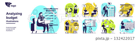 Analyzing budget concept set for web design. Collection with people calculating financial statistics, accounting, inspecting earnings and planning strategy with increase balance. Vector illustration. Analyzing budget concept set for web design. Collection with people calculating financial statistics, accounting, inspecting earnings and planning strategy with increase balance. Vector illustration. 132422017