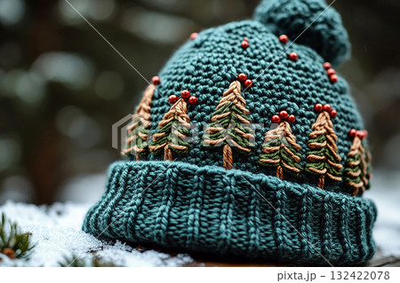 Lighting. Cozy Setup. Winter knitted hat with a Christmas tree pattern on a winter background. Christmas atmosphere. Creative hobby. 132422078