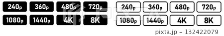 Set of simple video or movie resolution icons, number in rounded rectangle, black and white version 132422079