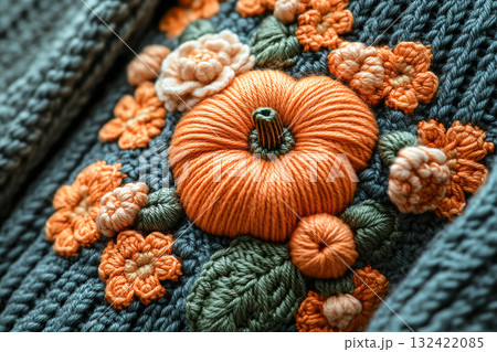 Handwork. Crochet details of pumpkin pattern on a modern garment. Autumn atmosphere in clothes. Trending in fashion. 132422085