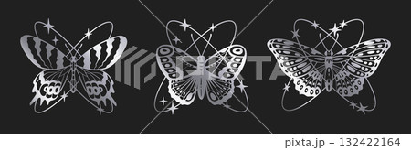 Abstract silver y2k butterfly. Cartoon vintage aesthetic flying insect, shiny foil butterfly silhouettes flat vector illustration set. Butterfly decor collection 132422164