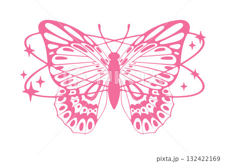 Butterfly y2k symbol. Abstract butterfly silhouette, pink insect with sparkle stars and oval shapes flat vector illustration. Butterfly icon on white 132422169
