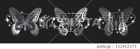 Cartoon silver y2k butterfly. Abstract silver y2k aesthetic flying insect, shiny foil butterfly silhouettes flat vector illustration set. Butterflies decor collection 132422173