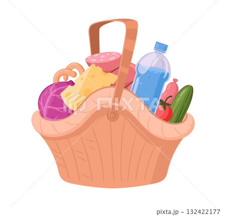 Grocery wicker basket. Hamper basket full of food, beverage, dining, dish wicker basket flat vector illustration. Handle picnic basket on white 132422177