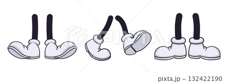 Retro comic book character feet. Comic mascot body part, cartoon legs in boots flat vector illustration set. Comic feet pairs on white 132422190
