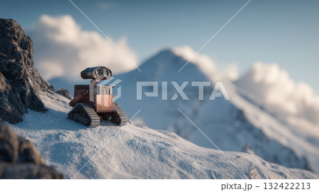 Robot with tank treads in snowy mountain landscape, cinematic lighting, distant peaks, serene atmosphere. 132422213