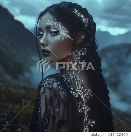 High-end editorial fantasy portrait: close-up of a woman with long braids, luminous white orchids woven into hair, cool teal and cyan rim light, shimmering silver eyeshadow, glossy wetlook skin, ornat High-end editorial fantasy portrait: close-up of a woman with long braids, luminous white orchids woven into hair, cool teal and cyan rim light, shimmering silver eyeshadow, glossy wetlook skin, ornat 132422500