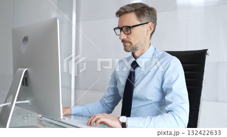 Mature businessman in office concentrating on important computer work, typing on keyboard, engaging in professional tasks, representing technology, development, and progress 132422633
