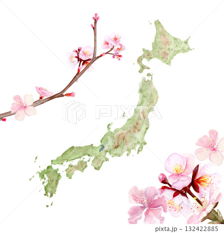 Map of Japan decorated with delicate cherry blossom branch. Hand-painted watercolor clip art isolated on white. Perfect for travel, culture, spring design, decor, or educational geography projects 132422885