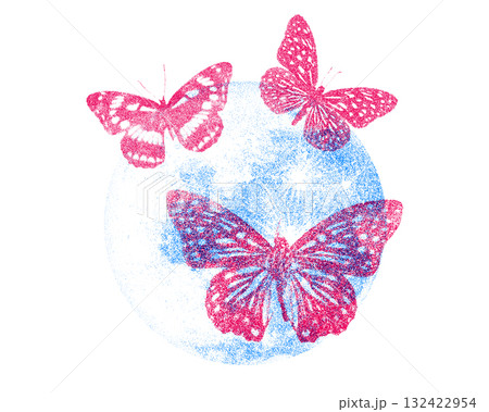Risograph Print of Moon and Butterfly. Dreamy Vintage Illustration with Celestial Motifs 132422954