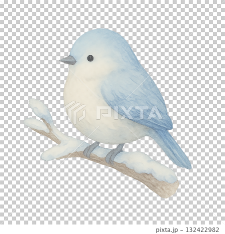 一隻藍色的小鳥棲息在雪枝上的插圖。可愛的冬季鳥類角色素材(剪切,透明背景) 一隻藍色的小鳥棲息在雪枝上的插圖。可愛的冬季鳥類角色素材(剪切,透明背景) 132422982