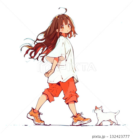 猫と歩く少女の癒やし散歩、イラスト、素材、背景なし、かわいい、微笑ましい 猫と歩く少女の癒やし散歩、イラスト、素材、背景なし、かわいい、微笑ましい 132423777