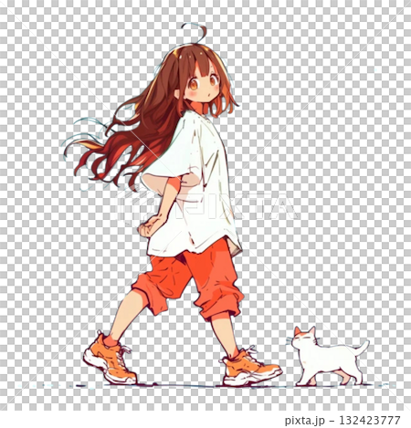 猫と歩く少女の癒やし散歩、イラスト、素材、背景なし、かわいい、微笑ましい 猫と歩く少女の癒やし散歩、イラスト、素材、背景なし、かわいい、微笑ましい 132423777