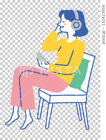 ヘッドホンで音楽を聴く女性_色 ヘッドホンで音楽を聴く女性_色 132423956