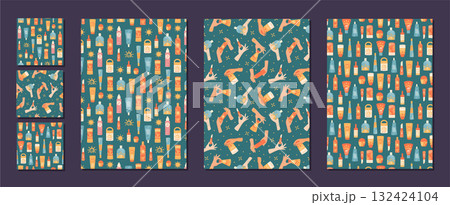 Flat seamless sunscreen bottle pattern set with cream, lotion, spray, tube, sunblock and cosmetic product. Sunscreen and SPF bottle hold sun care, in a summer flat seamless concept. 132424104